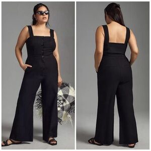 Anthropologie Maeve The Colette Portside Button Front Wide Leg Jumpsuit Black 14